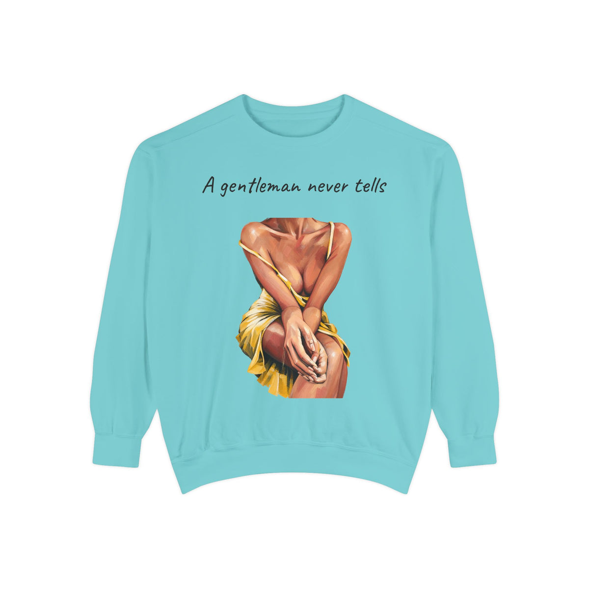 Detail of the A Gentleman Never Tells illustrated sweatshirt design