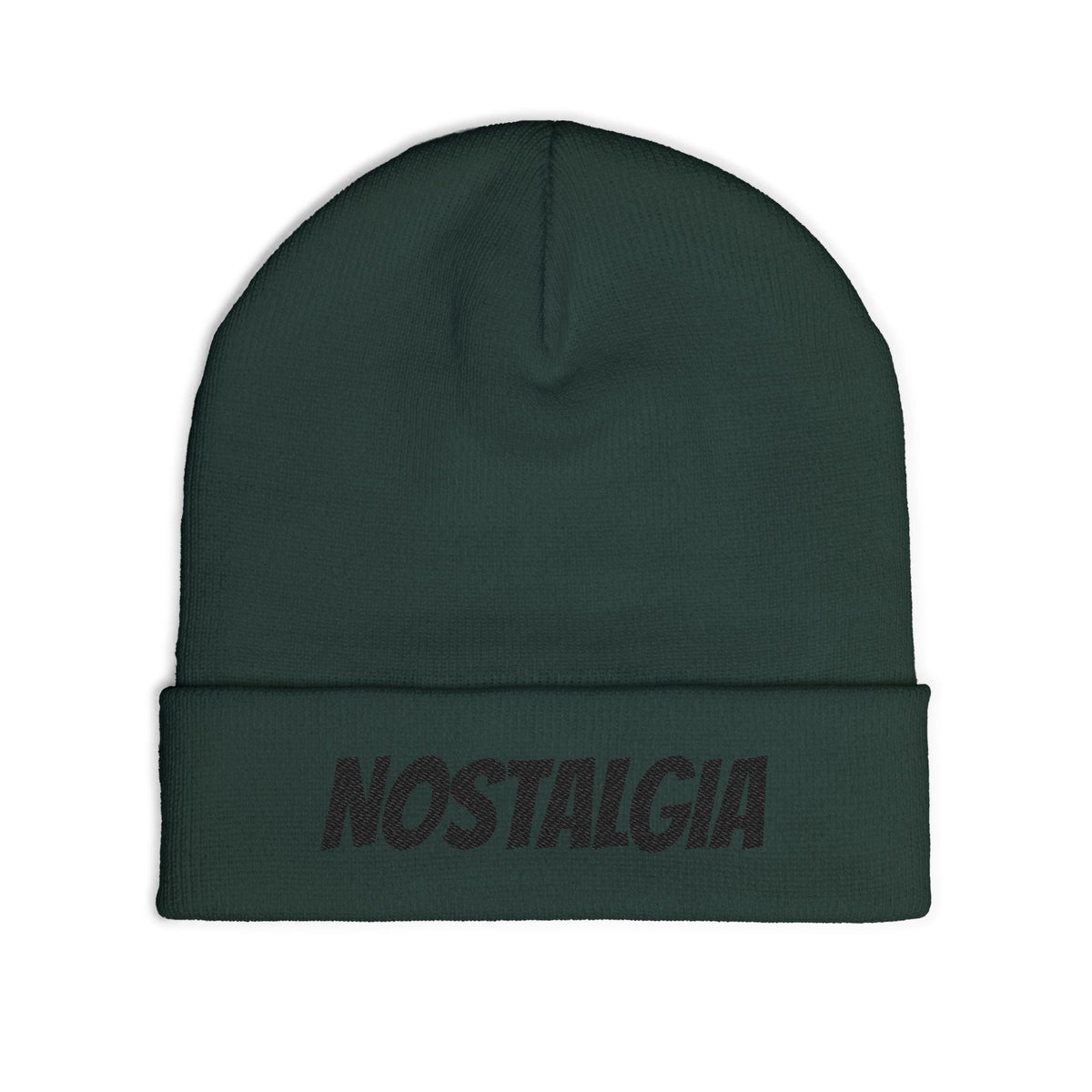 NOSTALGIA white cuffed knit beanie with black lettering, product photo view 8