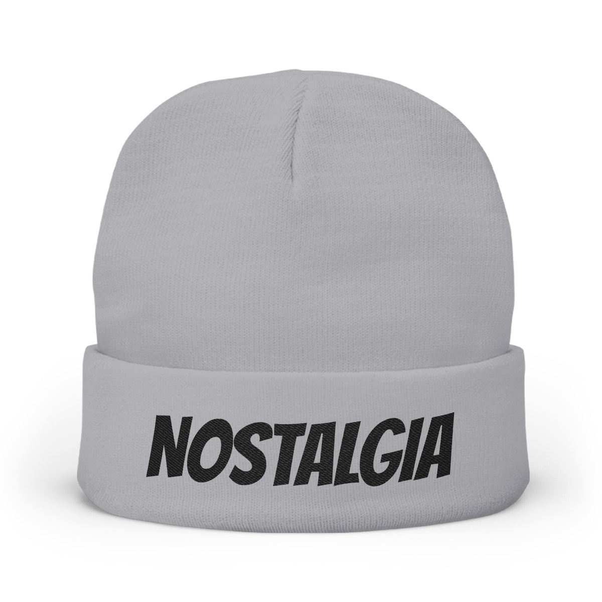 NOSTALGIA white cuffed knit beanie with black lettering, product photo view 1