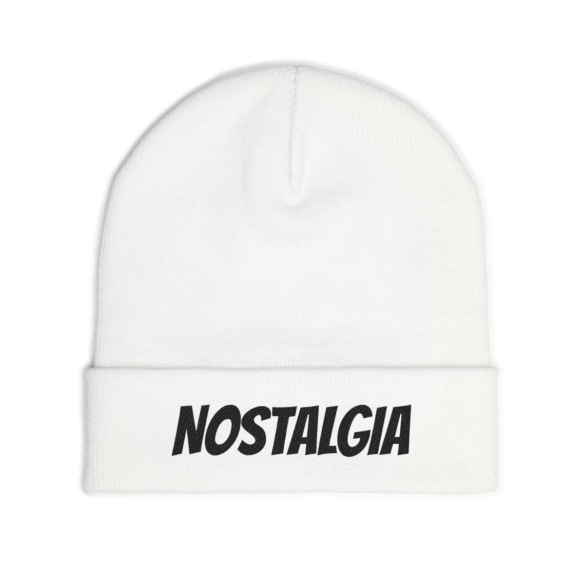 NOSTALGIA white cuffed knit beanie with black lettering, product photo view 11