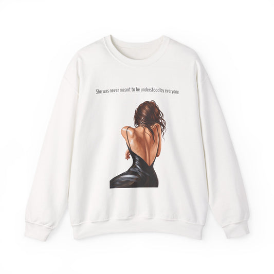 White graphic crewneck sweatshirt with the quote She Was Never Meant to Be Understood and illustrated woman design