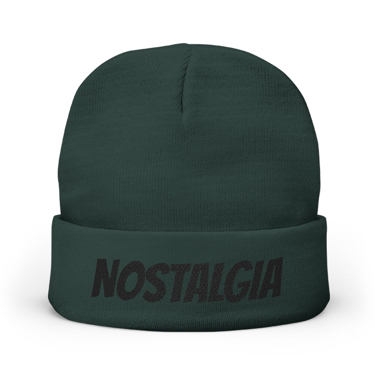 NOSTALGIA white cuffed knit beanie with black lettering, product photo view 2