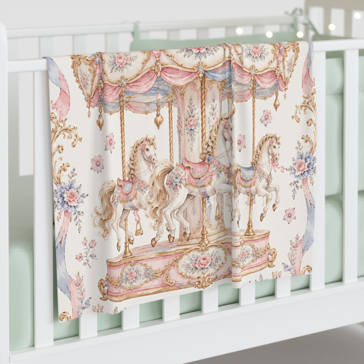 pink vintage carousel baby swaddle blanket product image 4