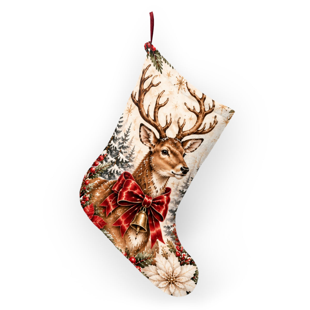 vintage reindeer Christmas stocking with red bow and bell product image 4