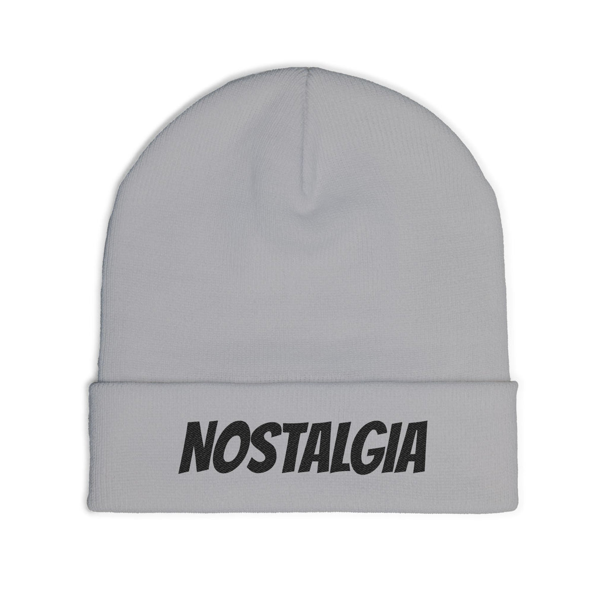 NOSTALGIA white cuffed knit beanie with black lettering, product photo view 5