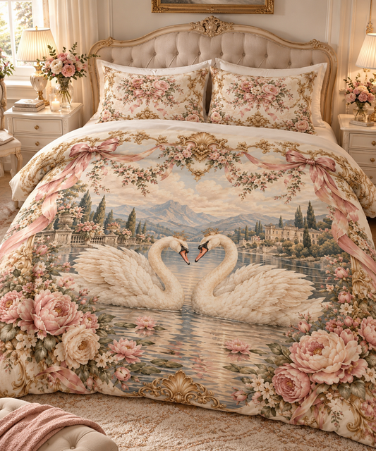 Vintage Swan Love Bedding Set – Romantic French Cottagecore Duvet Cover & Pillowcase Set pattern for bedroom or home decor (image 1)