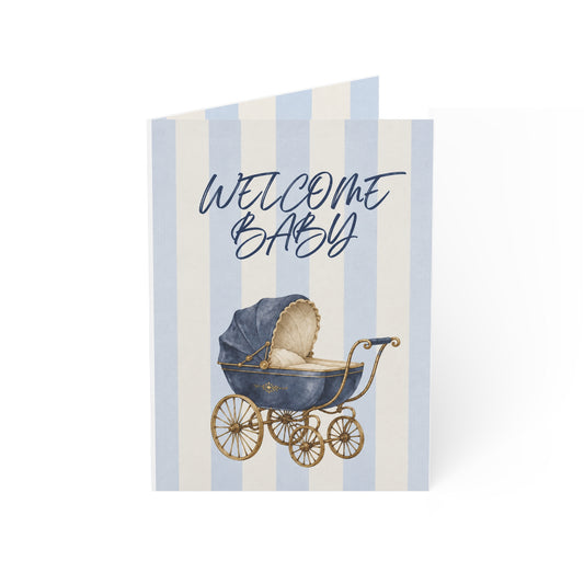 blue vintage pram welcome baby greeting card product image 2