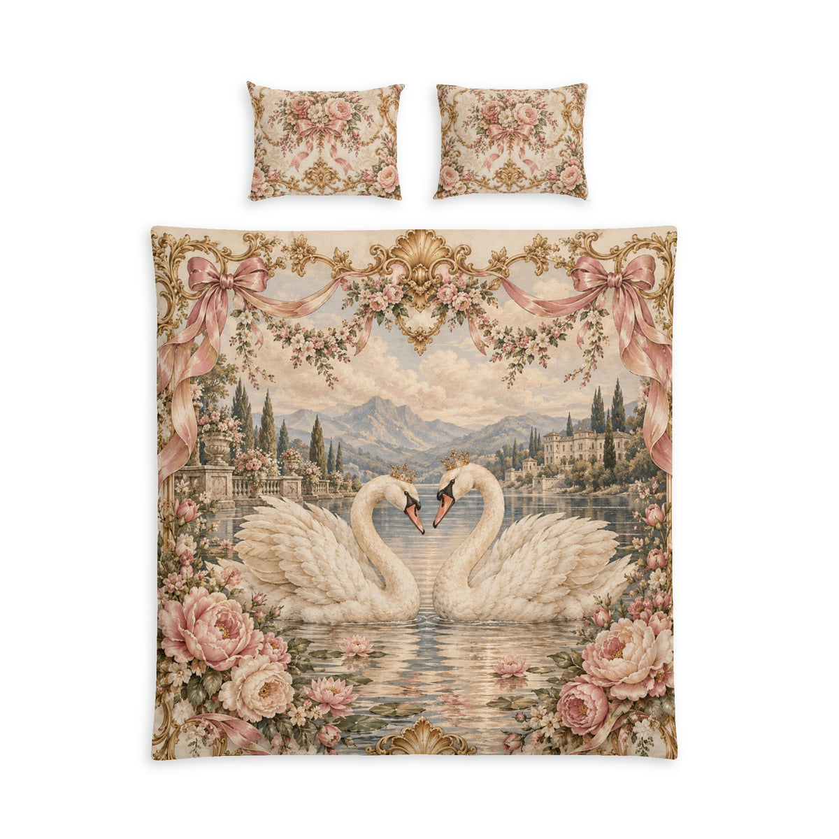 Vintage Swan Love Bedding Set – Romantic French Cottagecore Duvet Cover & Pillowcase Set pattern for bedroom or home decor (image 2)