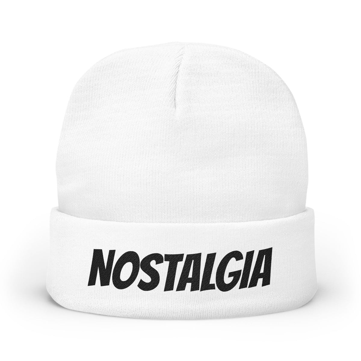 NOSTALGIA white cuffed knit beanie with black lettering, product photo view 3