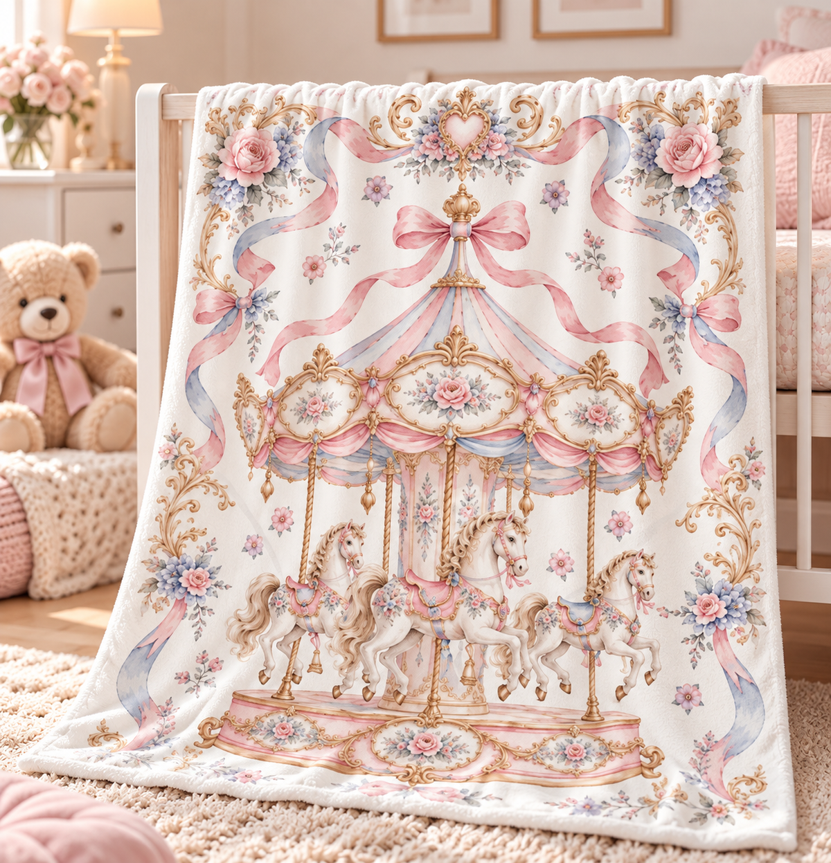 pink vintage carousel baby swaddle blanket product image 1