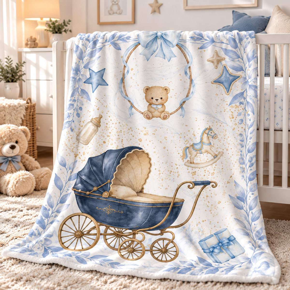 blue teddy bear baby swaddle blanket vintage pram product image 1