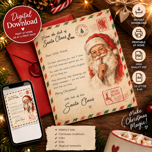 Vintage Santa Claus printable Christmas letter mockup with red envelope and festive holiday styling