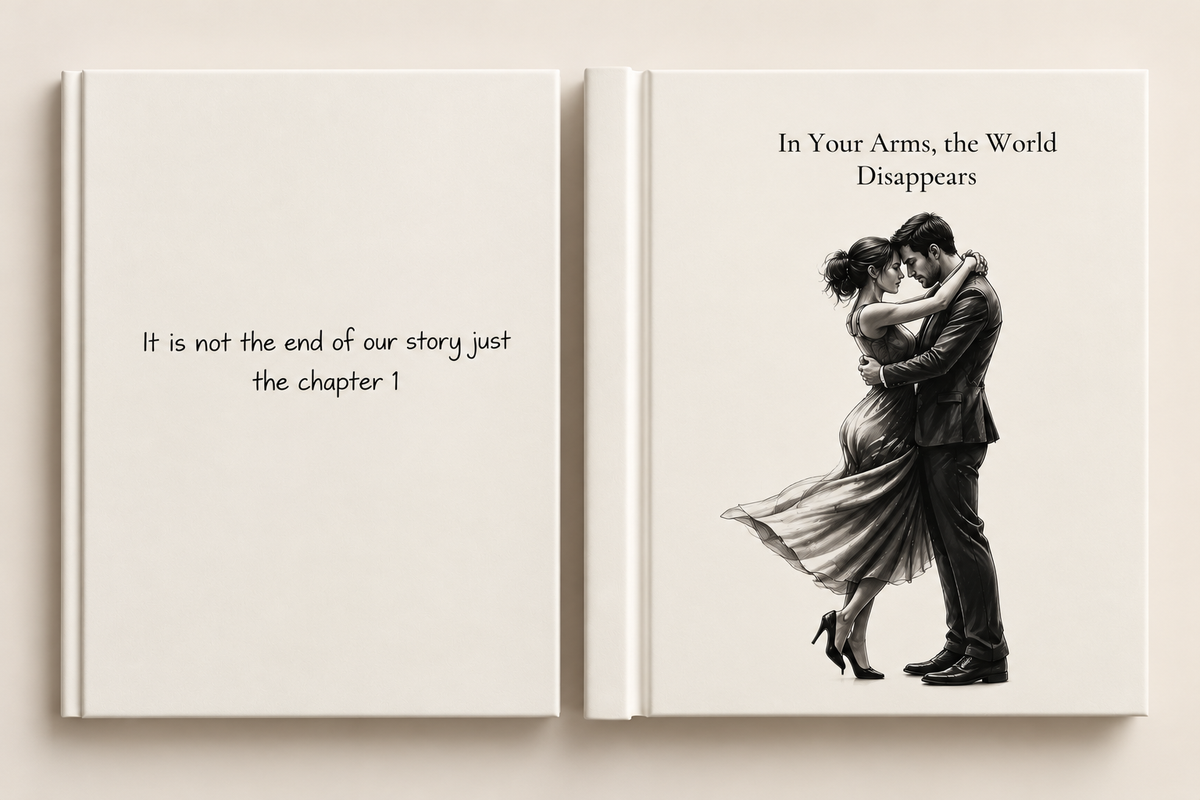 Romantic hardcover photo book mockup showing the couple illustration on the front cover and love story quote on the back