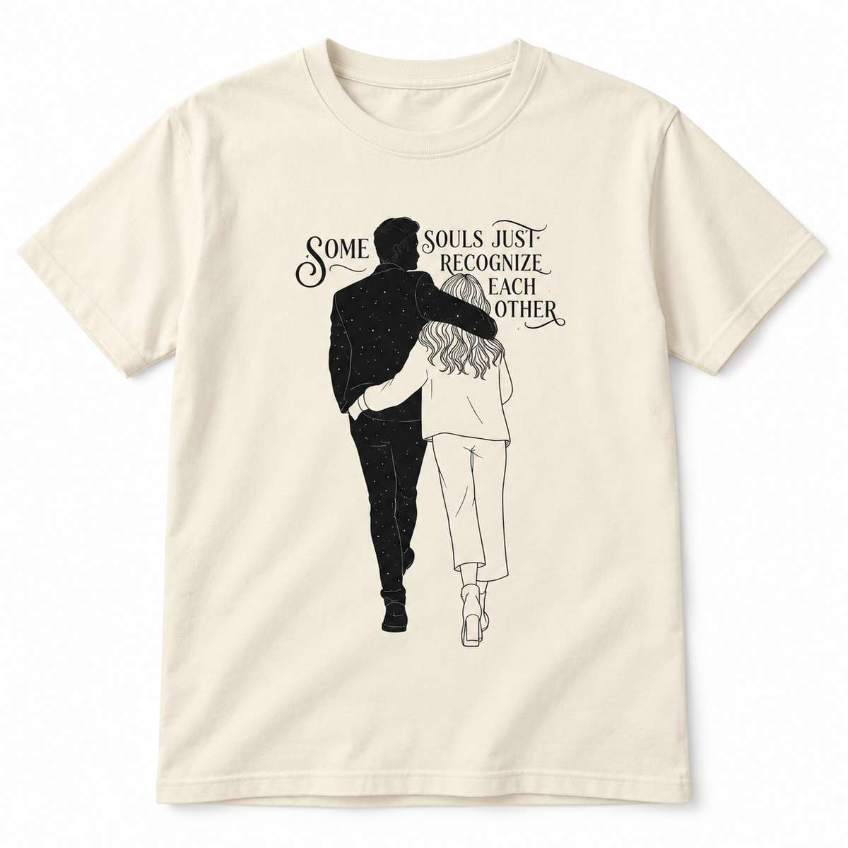 Cream garment-dyed T-shirt with black line-art couple and the quote Some Souls Just Recognize Each Other